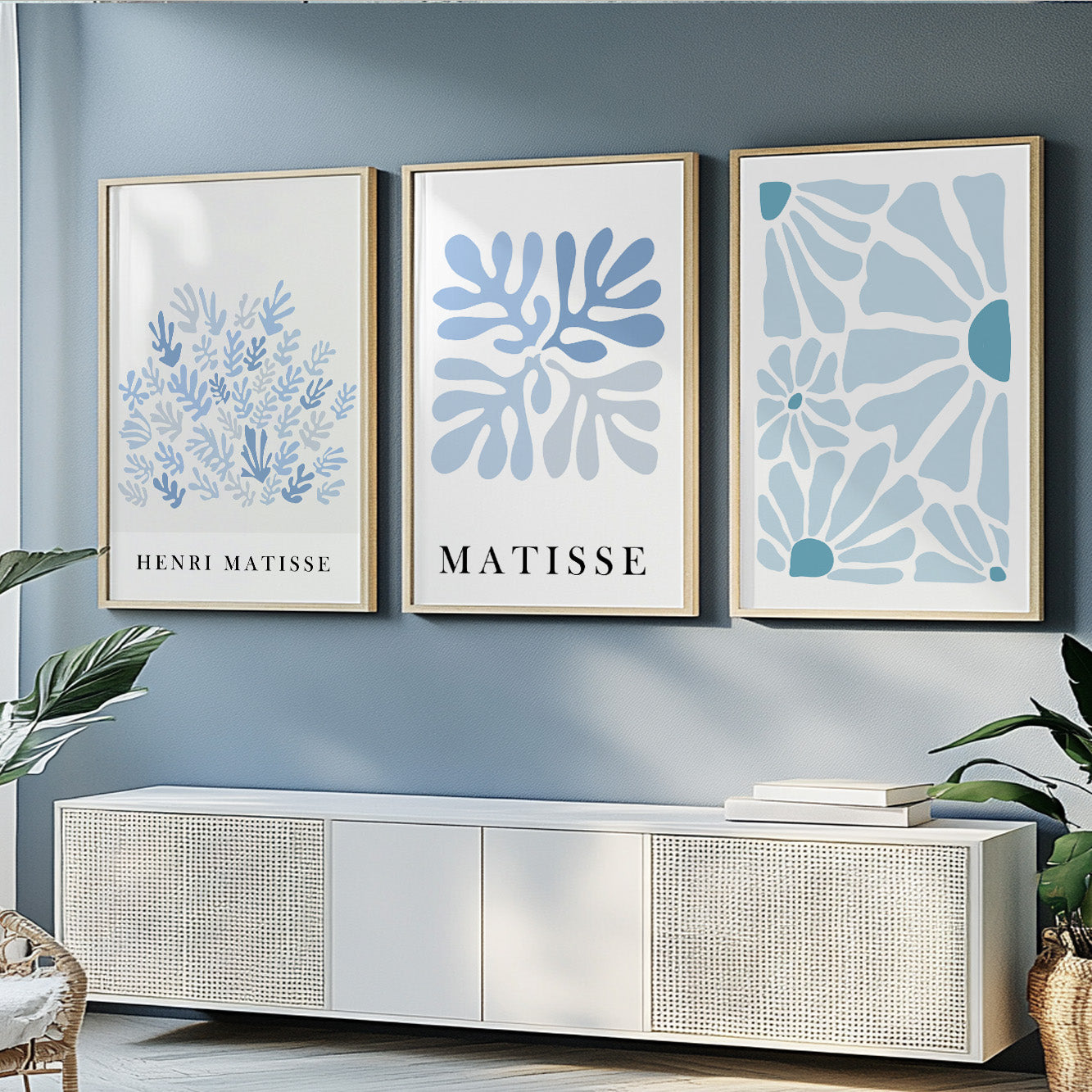 Blue Matisse set of 3 prints. Neutral minimalist mid century gallery wall set, vintage trendy Henri Matisse print, livingroom posters