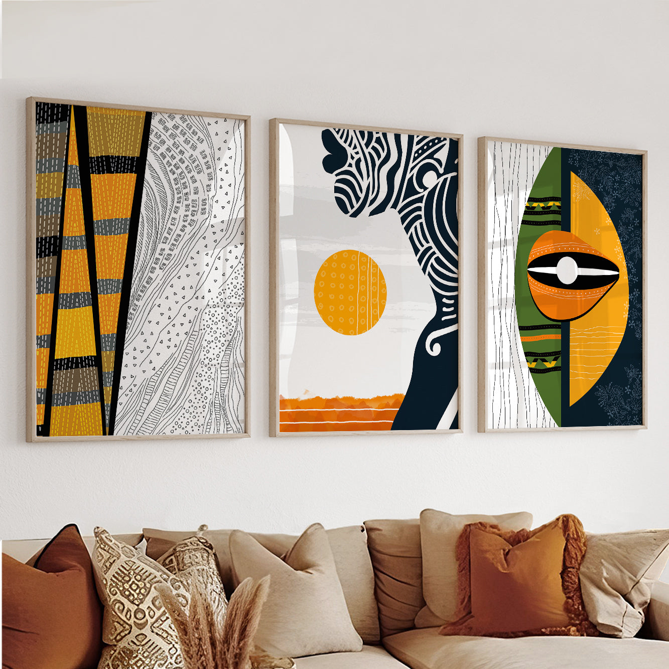 Abstract modern ethnic African American art set of 3 prints, colorful minimalist design for home decor