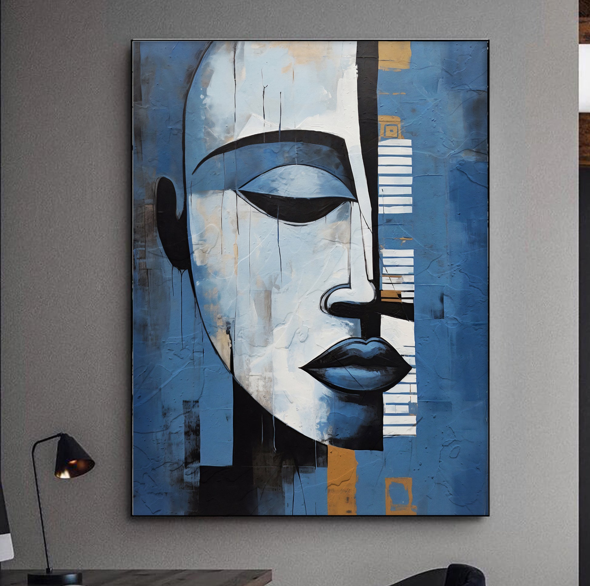 Abstract African American woman portrait – modern navy blue grey print, minimalist aesthetic room decor