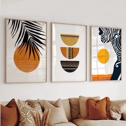 Boho African wall art set of 3, earthy-tone black woman portraits for mid-century modern decor