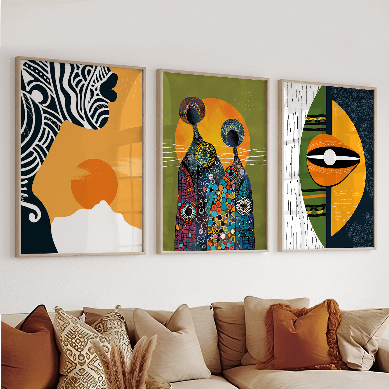 Bright abstract tribal African art set of 3, featuring bold black woman portraits for living room decor