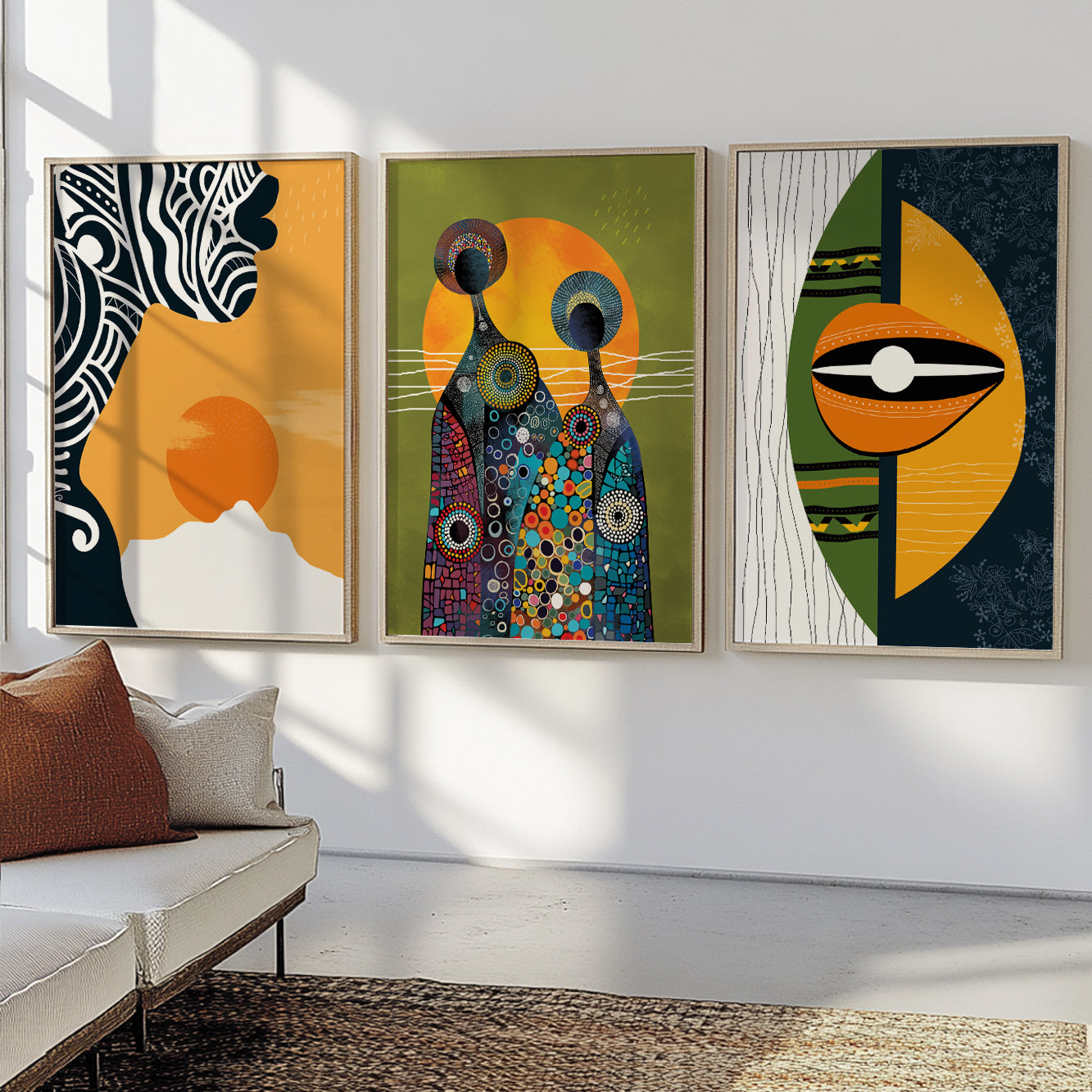 Contemporary African abstract art set with bright, colorful figures and black woman portrait