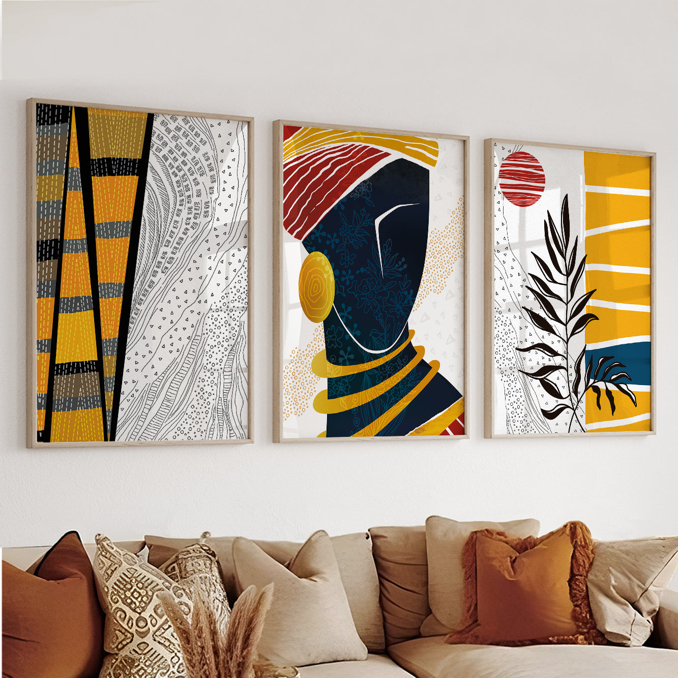 Bright African American art set of 3 – abstract black woman posters, minimalist ethnic girl face drawing, ideal home gift