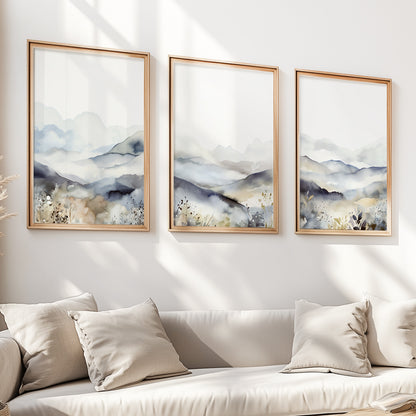 Neutral Abstract Mountain Set of 3 – Mid-Century Minimalist Art