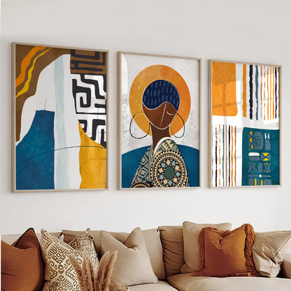 Set of 3 modern abstract African American art prints, vibrant ethnic African gallery wall posters