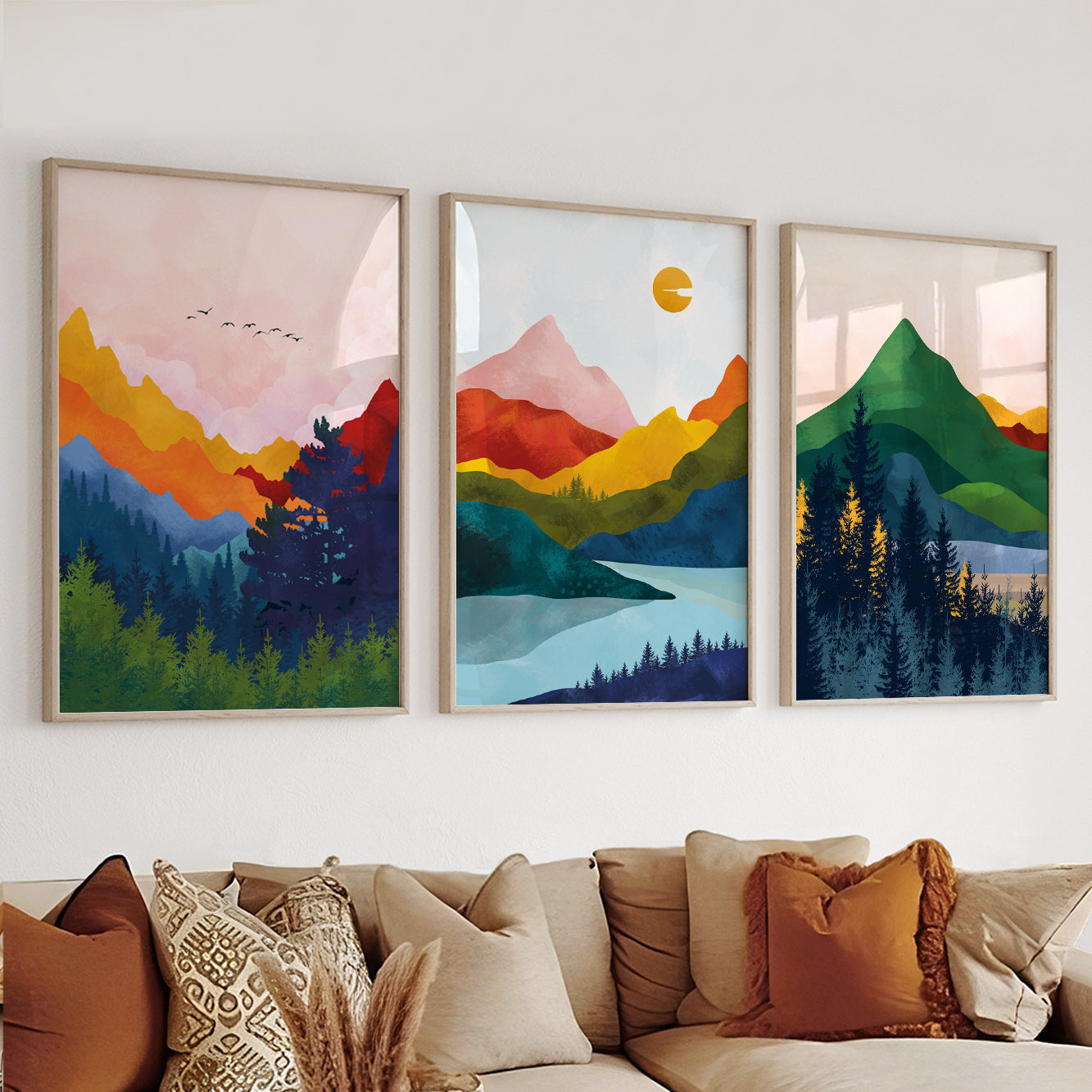 Scandinavian Modern 3 Piece Vibrant Abstract Mountain Wall Art – Colorful Nordic Landscape Prints