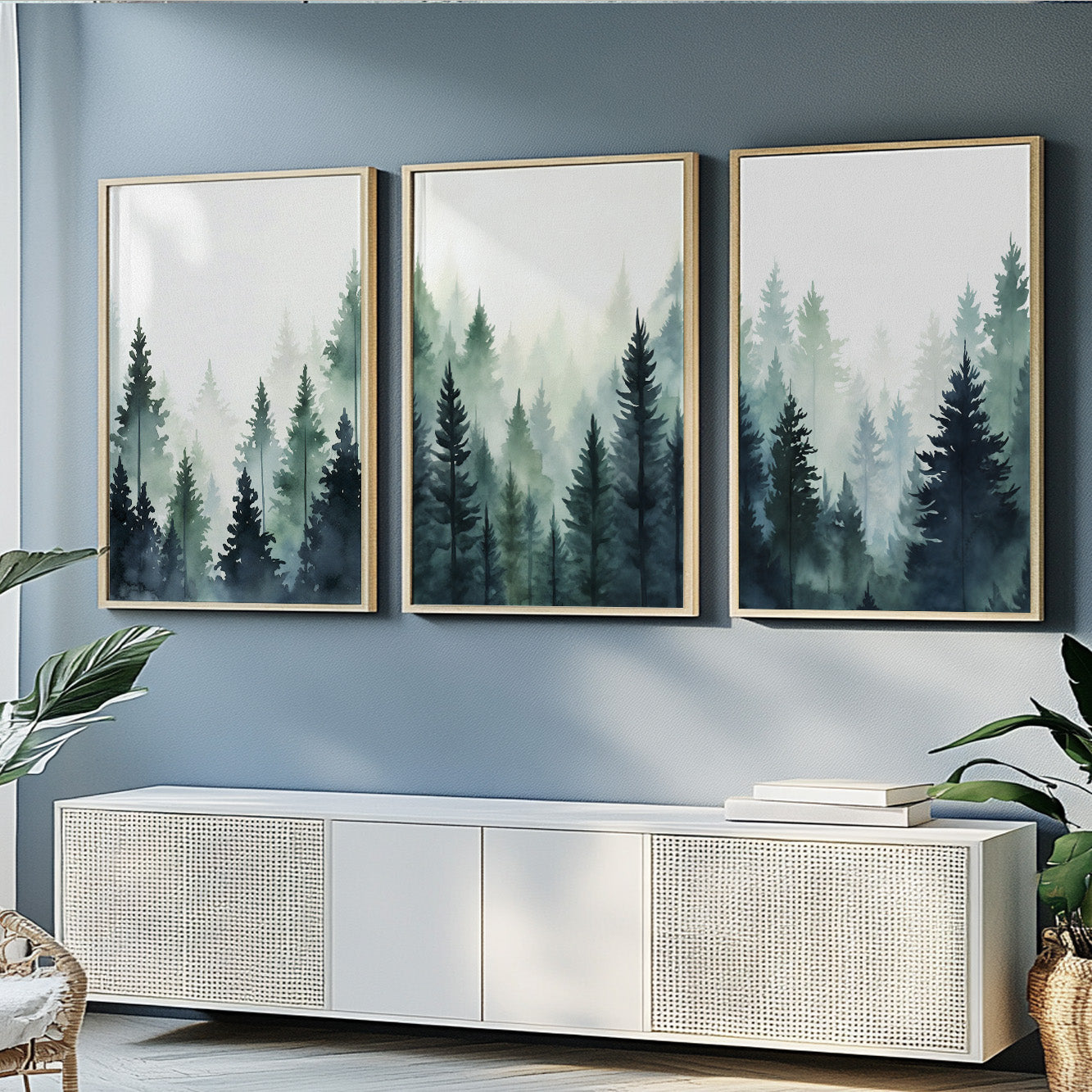 Extra Large Mountain Wall Art Set of 3 – Foggy Pine Trees and Nature Landscape Posters