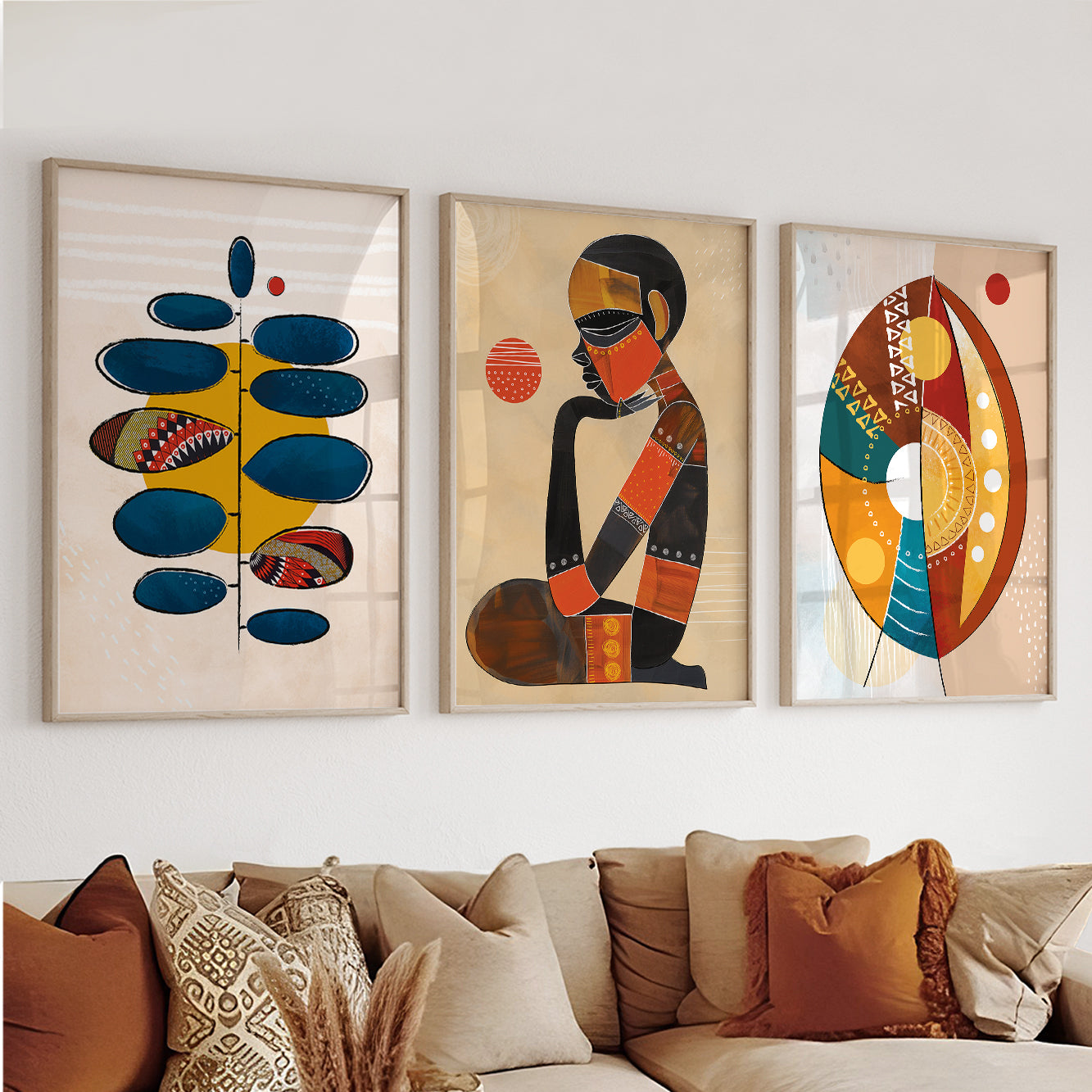 Ethnic modern abstract African wall art set – 3 prints for minimalist above bed room decor, aesthetic gallery wall