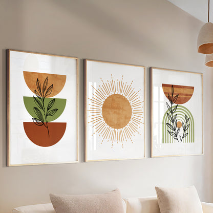 Terracotta green boho gallery wall set of 3. Mid century modern neutral gallery wall set poster. Bohemian livingroom, above bed large prints