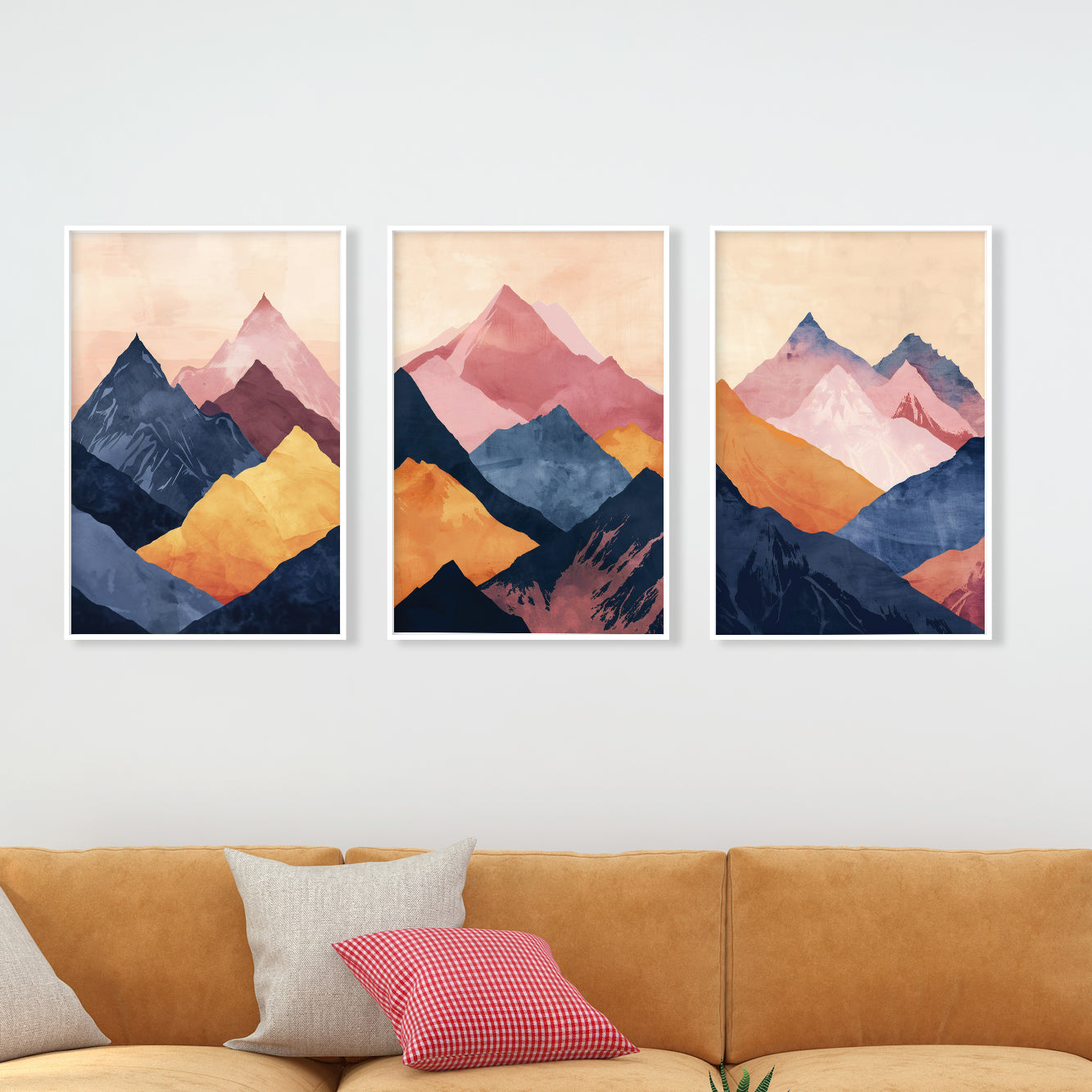 Minimalist Abstract Mountain Set of 3 Prints – Navy Blue and Pink Landscape Wall Art