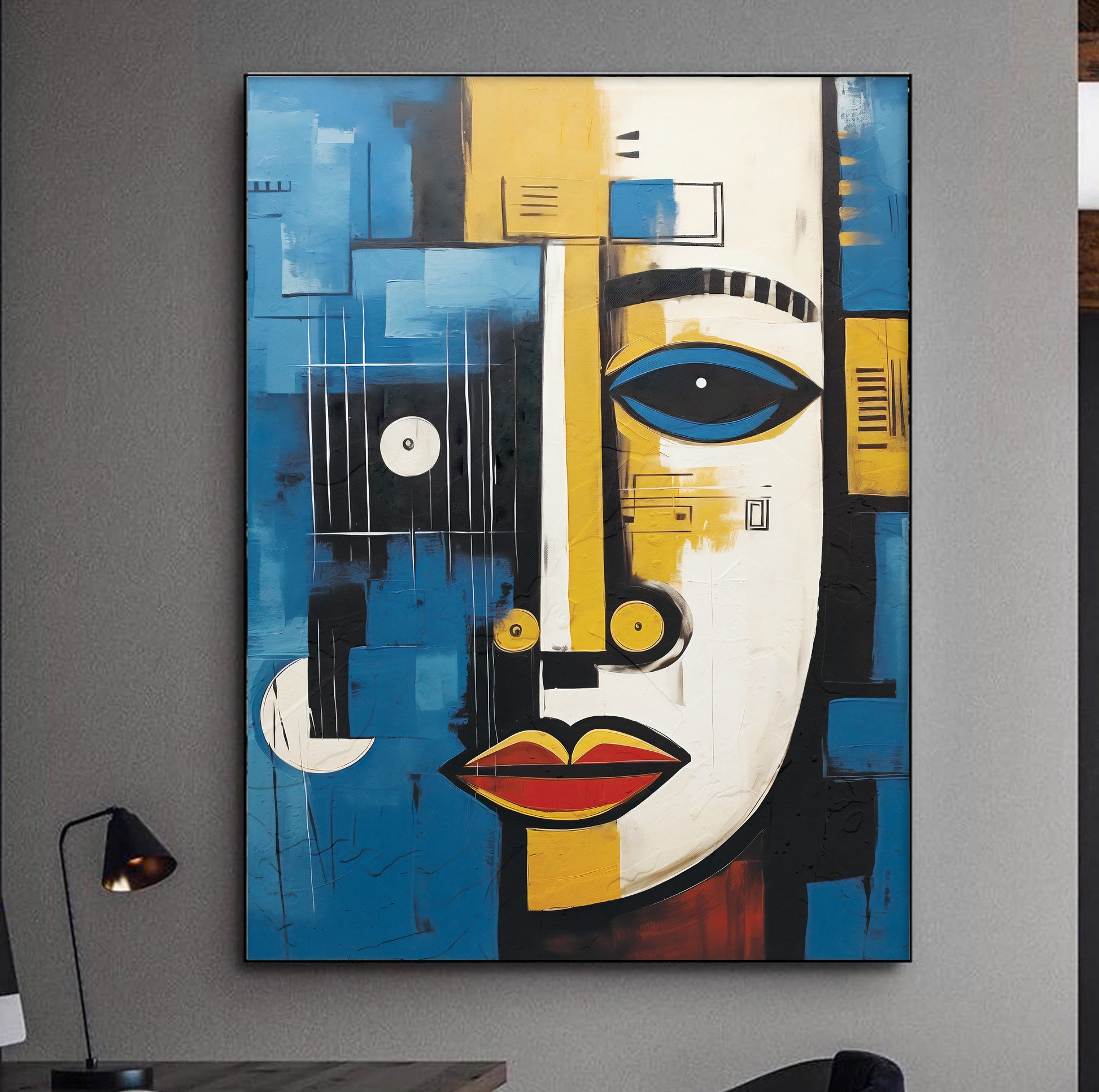 Contemporary abstract African art – navy blue and yellow painting print for minimalist room decor