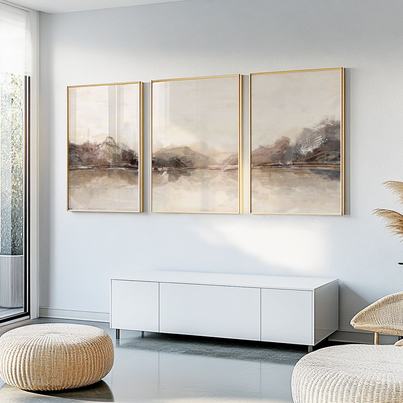 Set of 3 Abstract Landscape Paintings – Modern Minimalist Gallery Wall Art for Bedroom