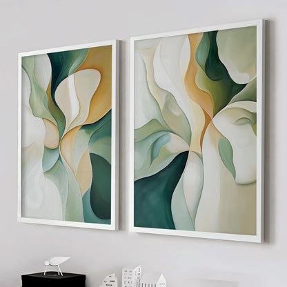 Emerald Green Beige Set of 2 – Modern Brush Stroke Abstract Art