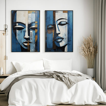 Set of 2 abstract women face prints in deep blue shades, aesthetic and minimalist wall art for bedroom