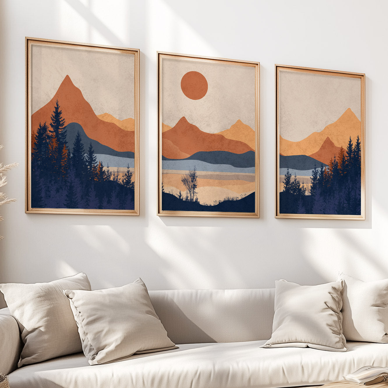 Terracotta Blue Abstract Mountain Art Set – 3 Piece Mid Century Modern Landscape Wall Art Posters