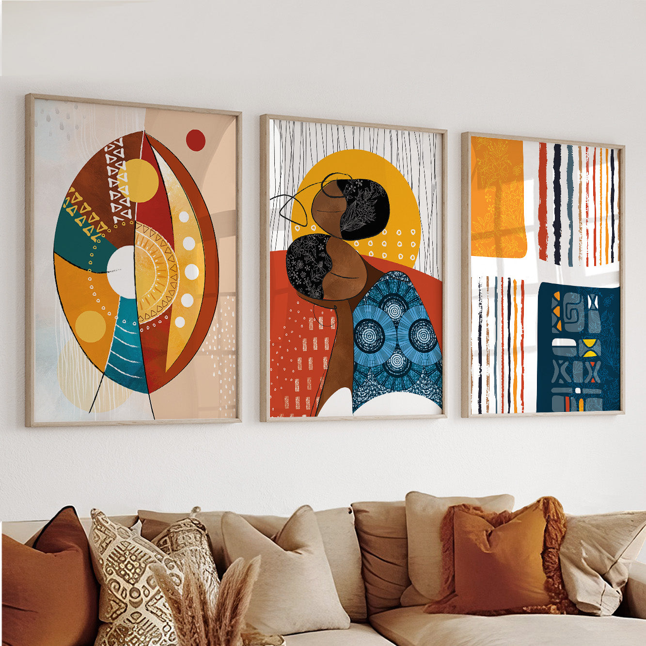 Set of 3 vibrant abstract African American prints, black woman portraits for above bed and home decor