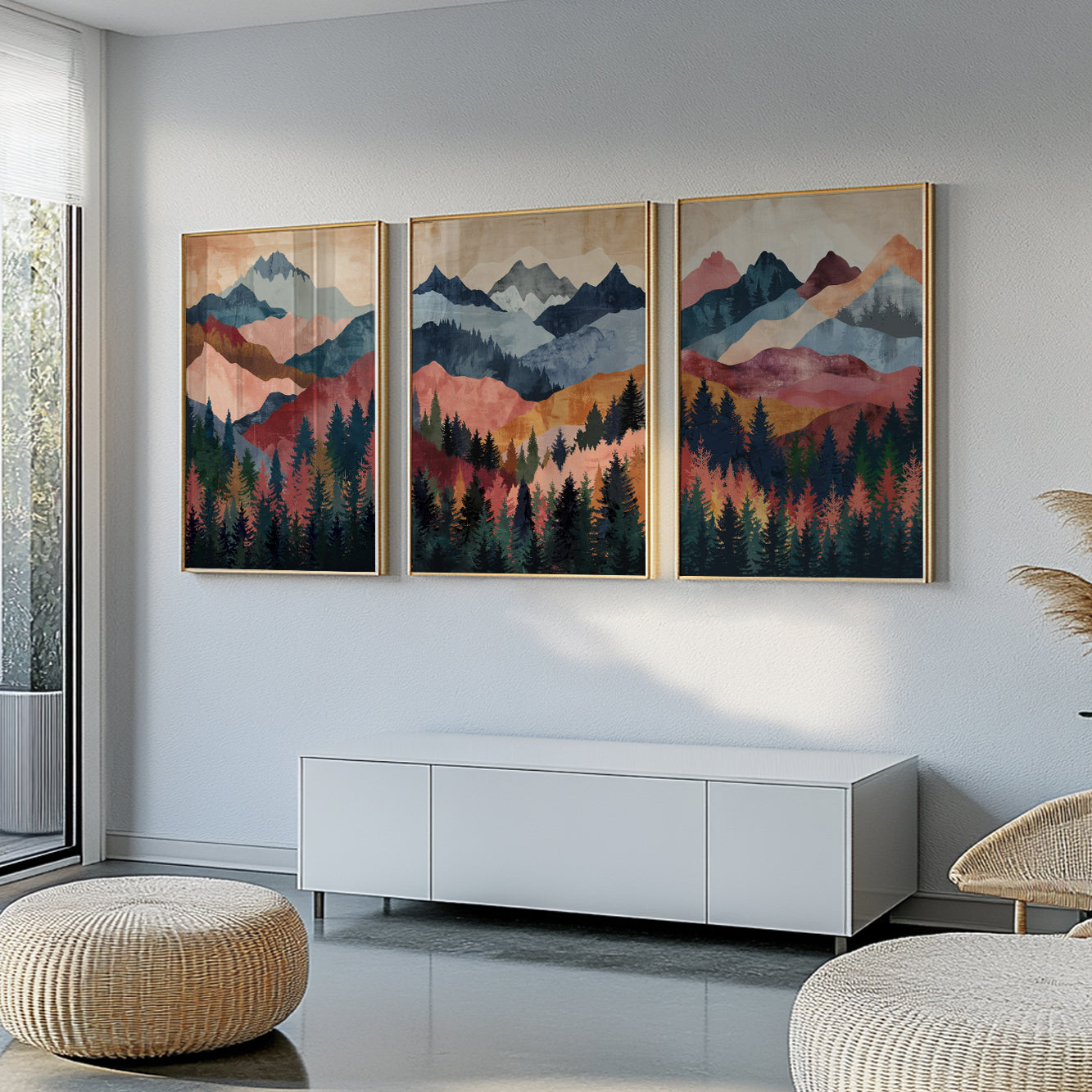 Set of 3 Colorful Mid Century Modern Mountain Prints – Nature Boho Aesthetic Room Decor