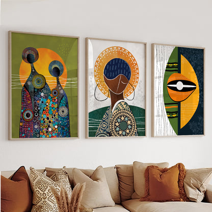 Abstract colorful African American art set, 3 ethnic women prints for vibrant living room or bedroom decor