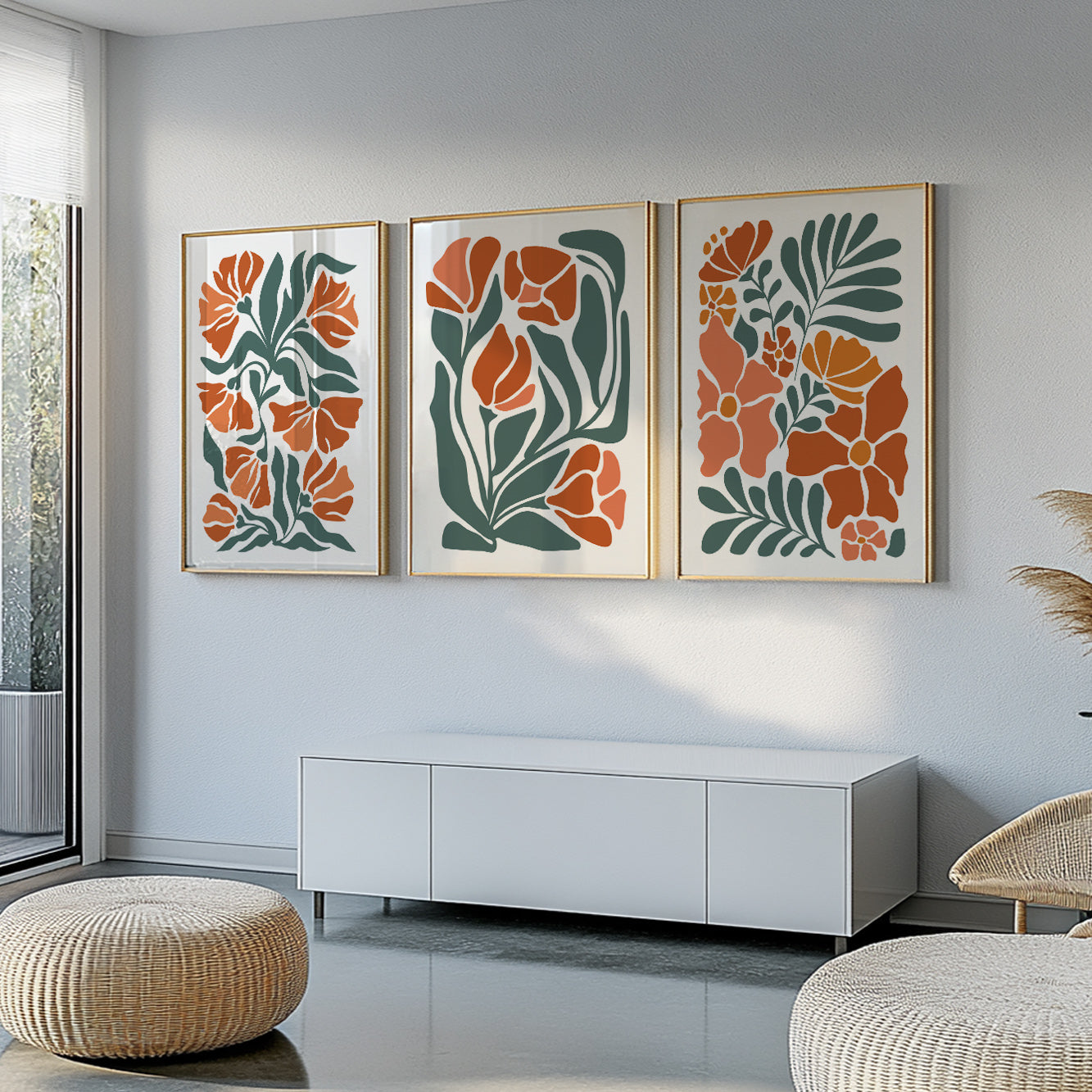 Boho floral set of 3 print. Light Terracotta minimalist botanical mid century gallery wall set, vintage trendy bedroom wall art prints