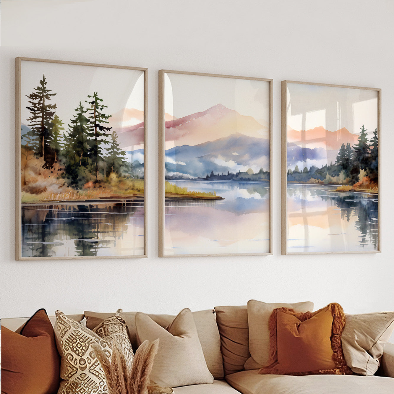 Pastel Mountain Wall Art Set of 3 – Modern Nature Landscape Posters for Gallery Wall