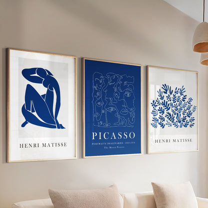 Navy blue Matisse and Picasso print, set of 3 livingroom posters.