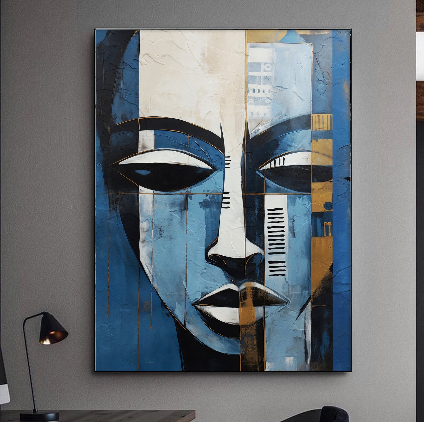 Navy blue and grey woman abstract painting – contemporary African American art, modern living room decor