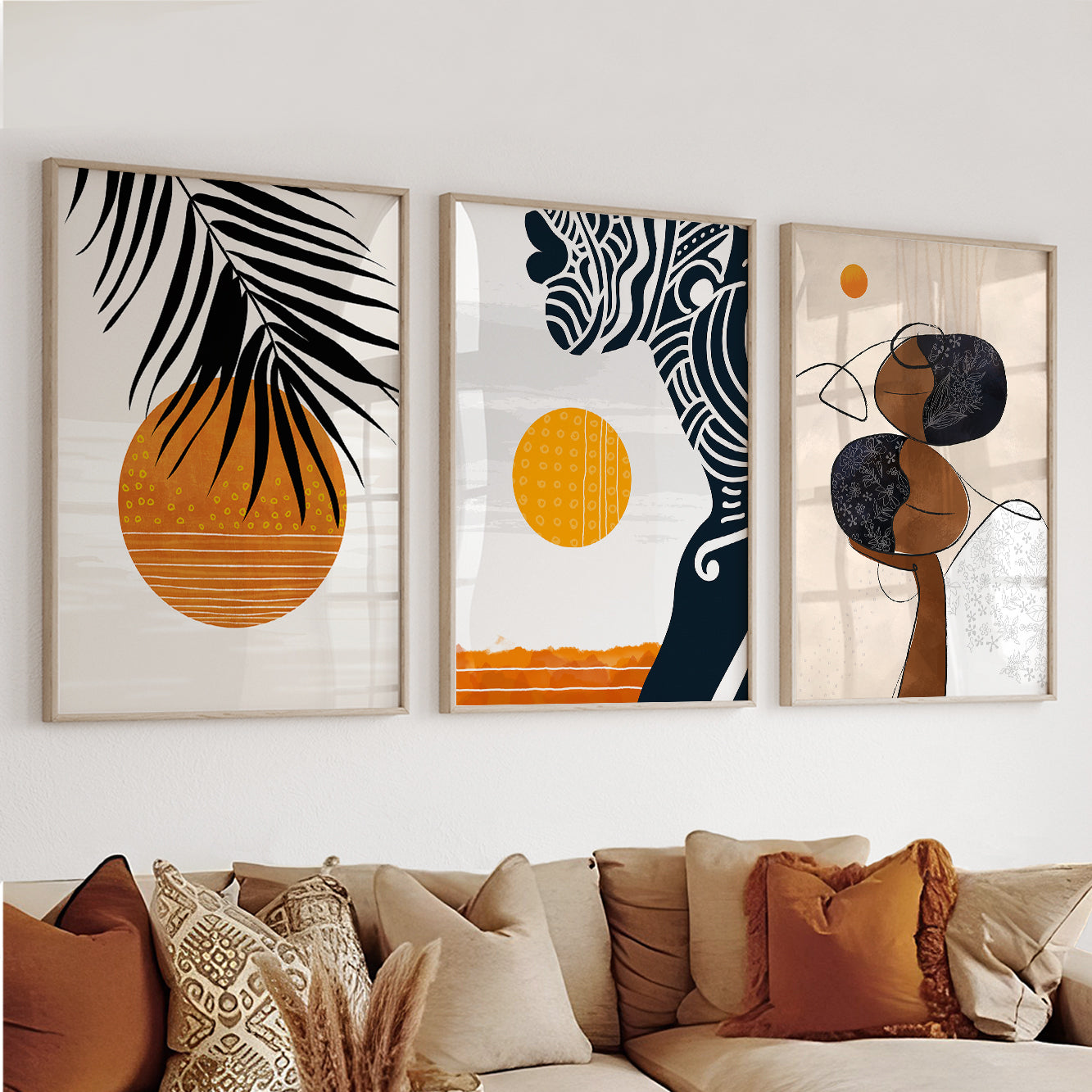 Colorful abstract African American art – black woman portrait, set of 3 prints for modern minimalist room decor