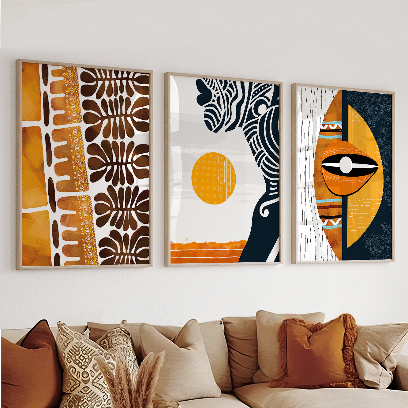 Minimalist African abstract wall art set of 3, black woman portrait prints for living room decor