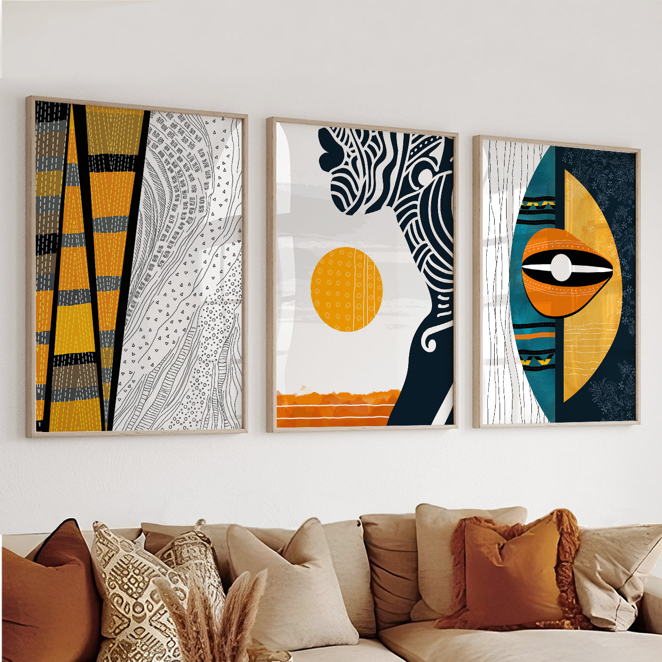 Set of 3 modern abstract African American art prints, black woman portrait for housewarming gift