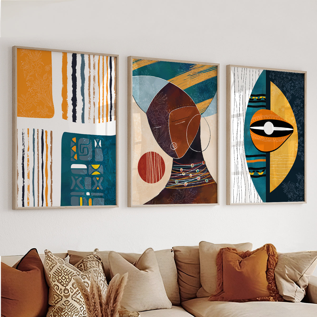 Modern abstract ethnic wall art set – colorful black woman portraits, bright above bed African American decor