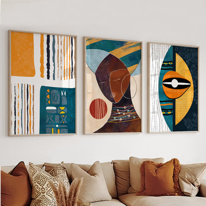 Modern abstract ethnic wall art set – colorful black woman portraits, bright above bed African American decor