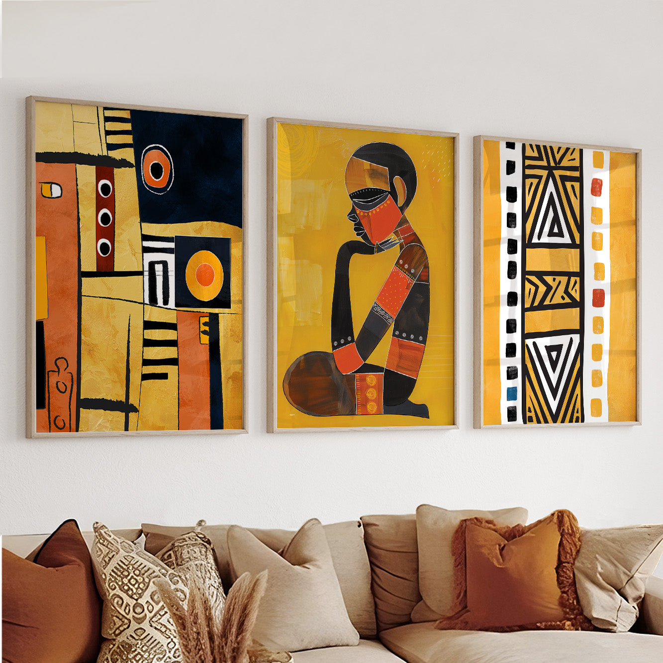 Set of 3 vibrant mustard African art prints, abstract modern ethnic posters for living room gallery wall