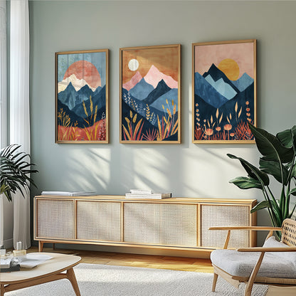 Vibrant Boho Mountain Wall Art Set of 3 – Mid Century Colorful Decor