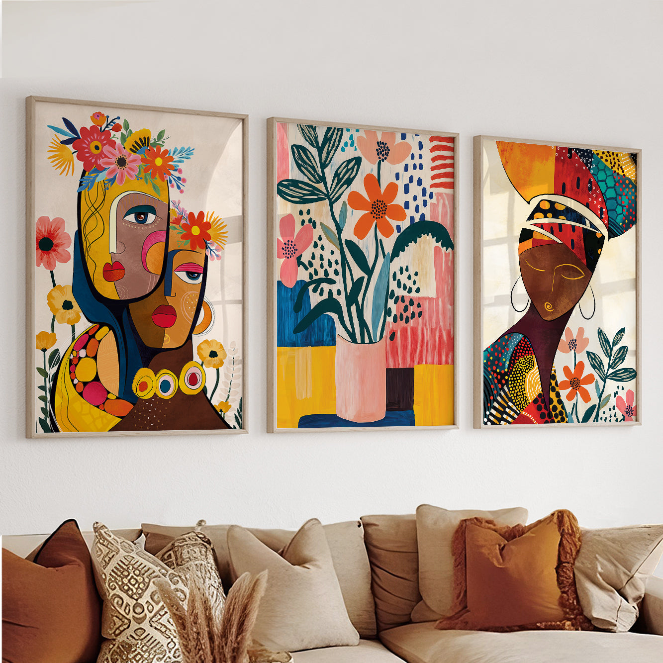 Boho African wall art set of 3, vibrant modern nature posters for above bed or living room