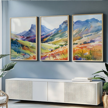 Set of 3 Bright Mountain Landscape Posters – Colorful Minimalist Nature Wall Art