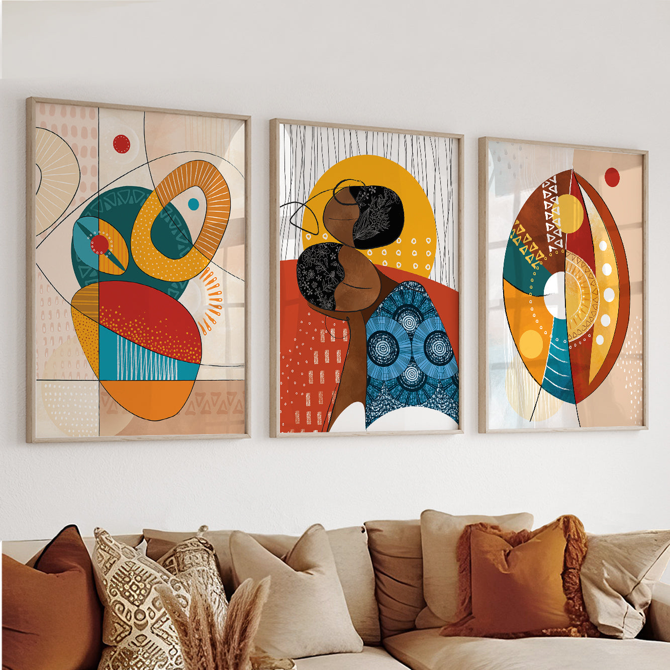 Set of 3 contemporary abstract African art prints, black girl poster for modern and colorful decor