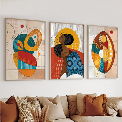 Set of 3 contemporary abstract African art prints, black girl poster for modern and colorful decor