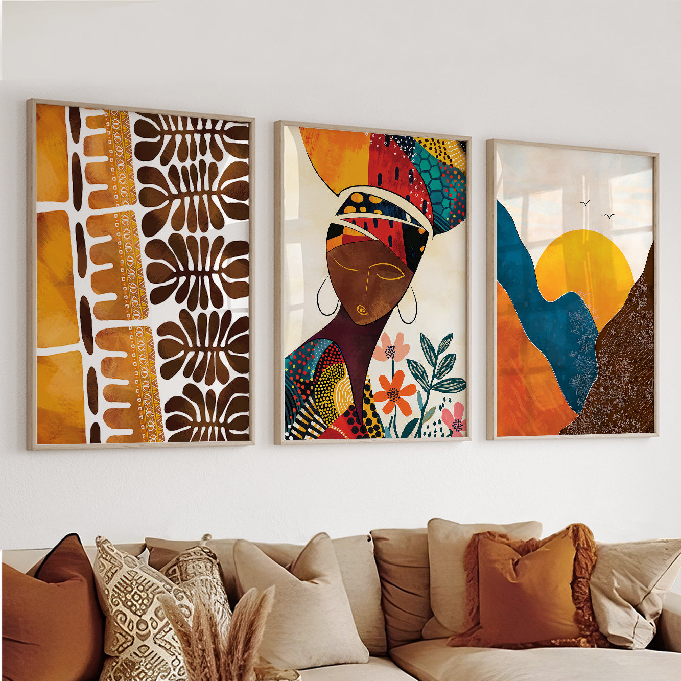 Minimalist abstract African American wall art – black women portrait set of 3 prints, modern above bed or living room decor