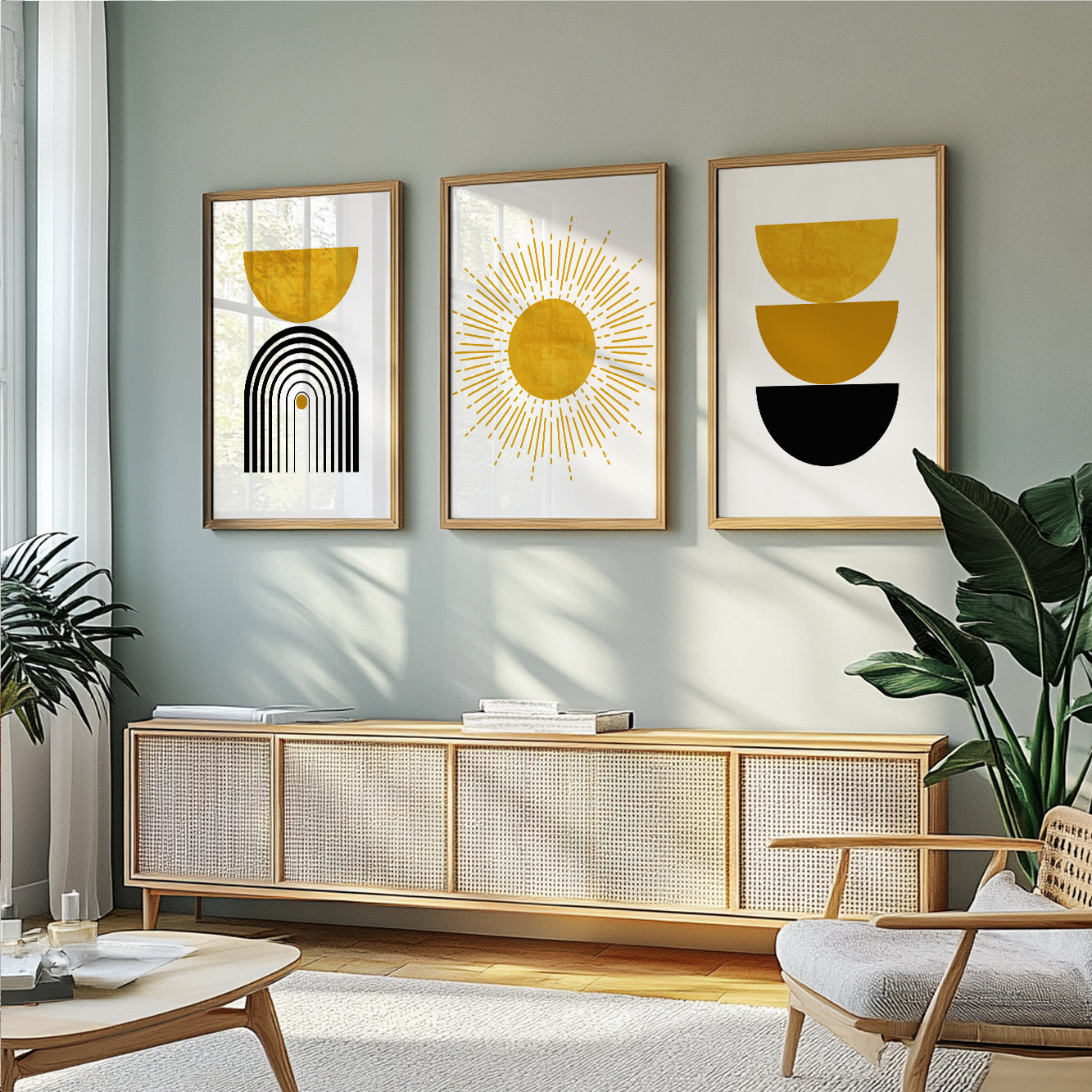 Black mustard yellow boho wall art set of 3 print.