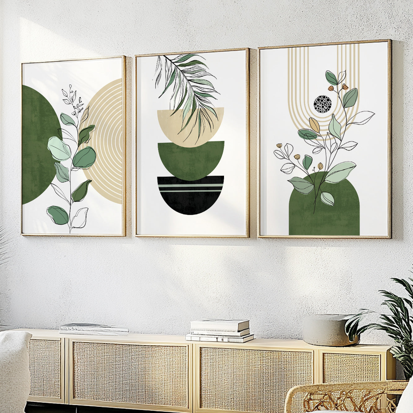 Green black boho wall art set of 3 prints. Mid century modern room decor aesthetic boho large gallery wall set poster.