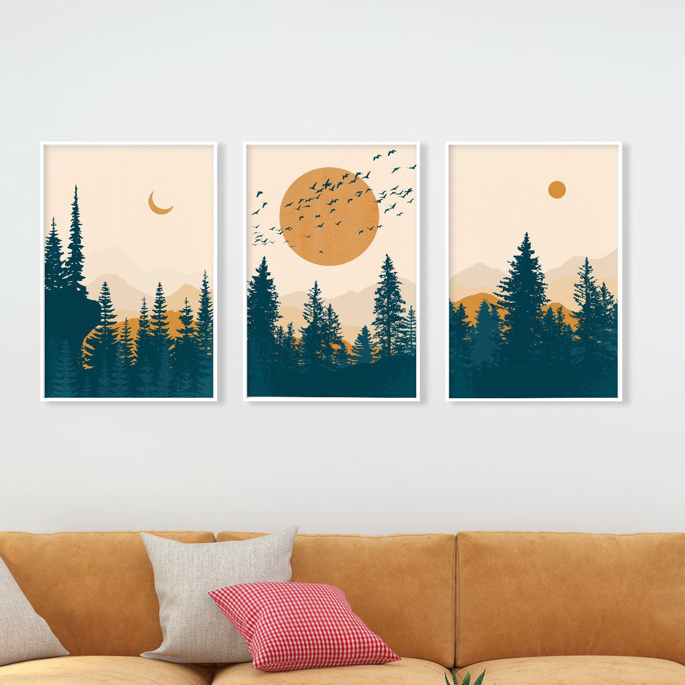 Mid Century Modern Living Room Wall Art Set – 3 Abstract Mountain Prints in Terracotta and Deep Blue Landscape