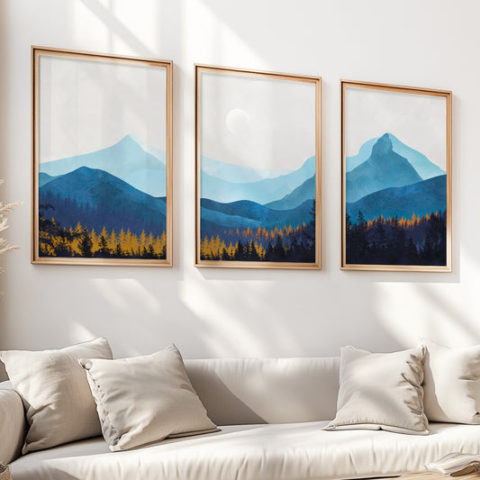 Navy Blue Scandinavian Mountain Wall Art Set of 3 Prints