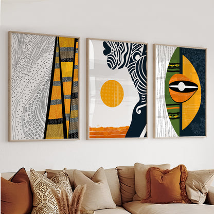 Abstract black woman art set of 3, vibrant and colorful African prints for modern wall decor