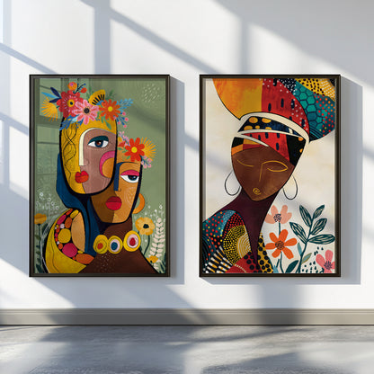 Modern abstract African American art set, 2 vibrant black woman portraits with boho flower elements