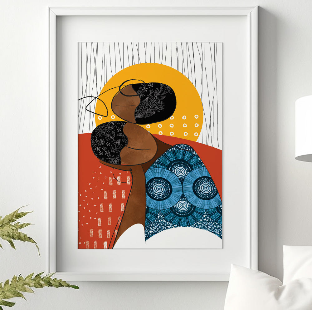 Minimalist abstract portrait of African women and yellow sun background