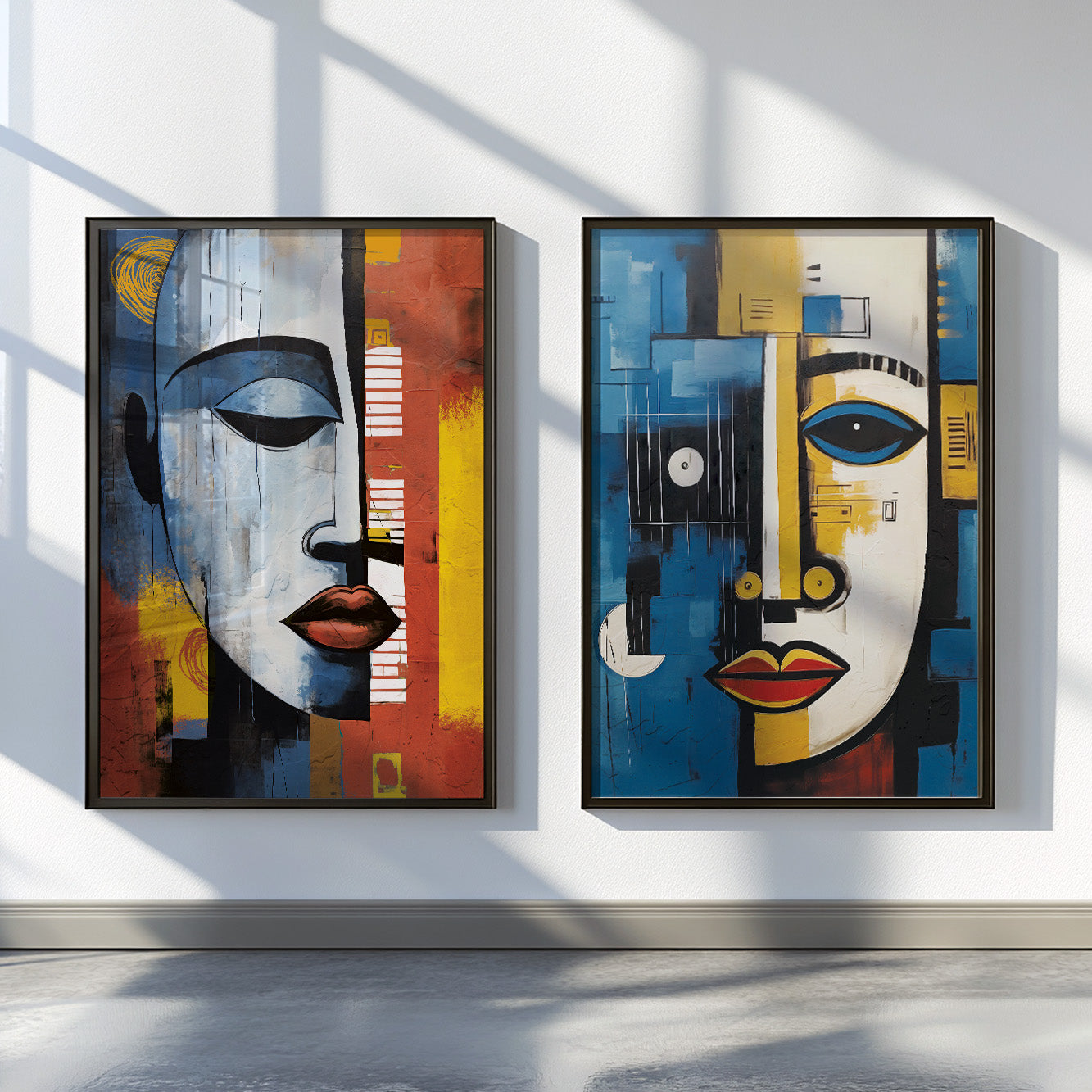 Modern abstract African wall art set – 2 prints of woman and man portraits, colorful above bed art for aesthetic decor