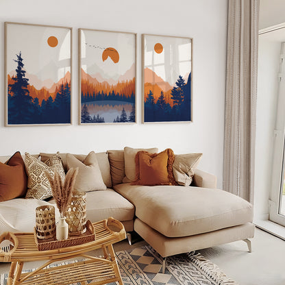 Abstract Mountain Wall Art Set of 3 – Orange and Deep Blue Minimalist Landscape Prints