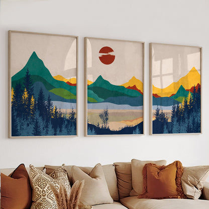 Modern Colorful Abstract Mountain Wall Art Set – 3 Minimalist Landscape Posters, Boho Decor