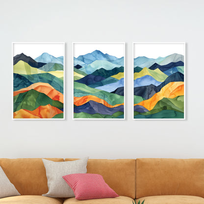 Mid Century Modern Abstract Mountain Wall Art Set of 3 – Colorful Large Paintings for Room Decor