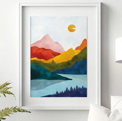 Scandinavian Colorful Abstract Mountains Wall Art – Vibrant Nordic Landscape Print